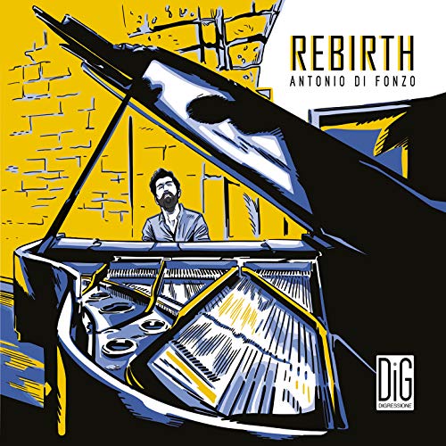 CD cover: illustrated piano with a man seated, titled "Rebirth.