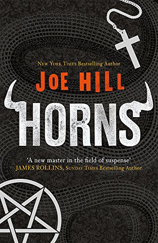 Book cover for Horns by Joe Hill featuring a crucifix, pentagram, and snake pattern.