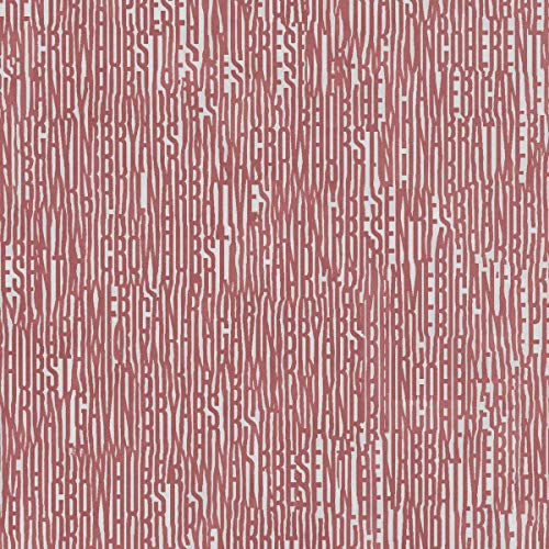 Red and white abstract pattern of densely packed, vertical text.