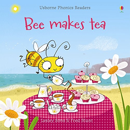 Bee and tea party scene from the Usborne Phonics Readers book cover.