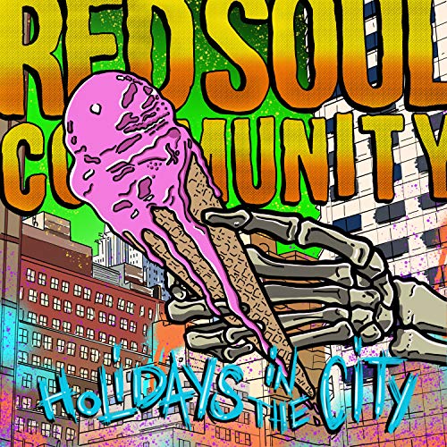 Vinyl album cover: skeletal hand holding melting ice cream in a city.