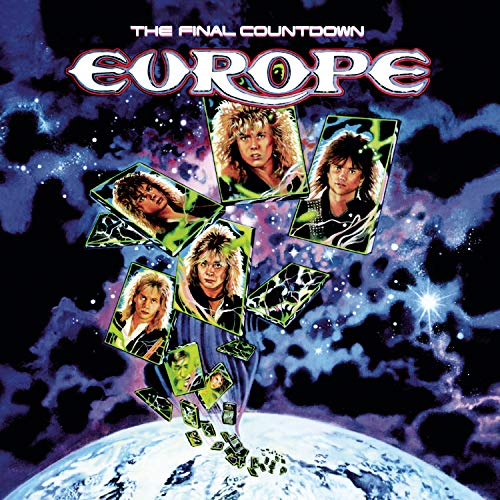 Album cover for Europe’s “The Final Countdown” featuring band members and Earth.