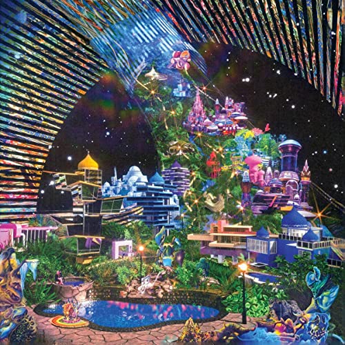 Surreal, colorful cityscape under a swirling, striped sky; album artwork.
