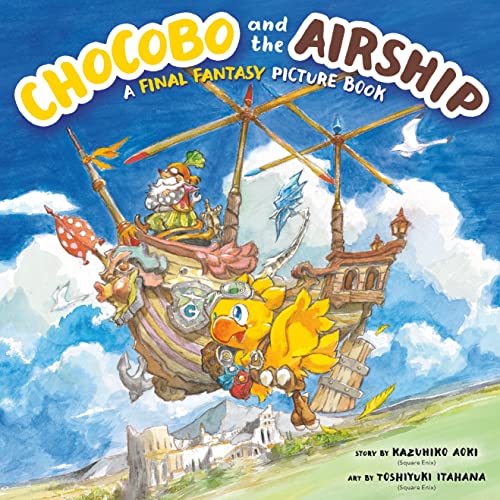 Chocobo and a whimsical airship sail amongst clouds and a distant town.
