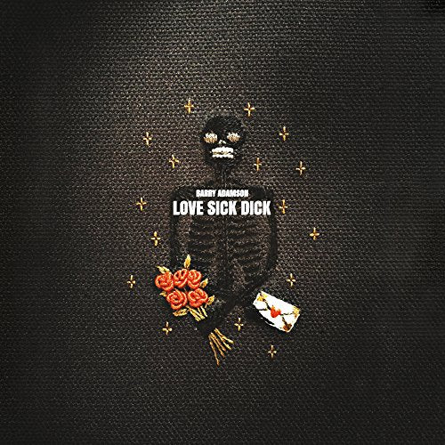 Black album cover with a skeletal figure holding red roses and a letter.