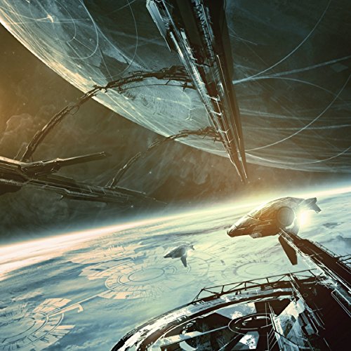 Sci-fi artwork depicting spacecraft orbiting a blue and white planet.