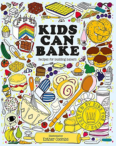 Colorful illustrations of baked goods and utensils on a cookbook cover for kids.