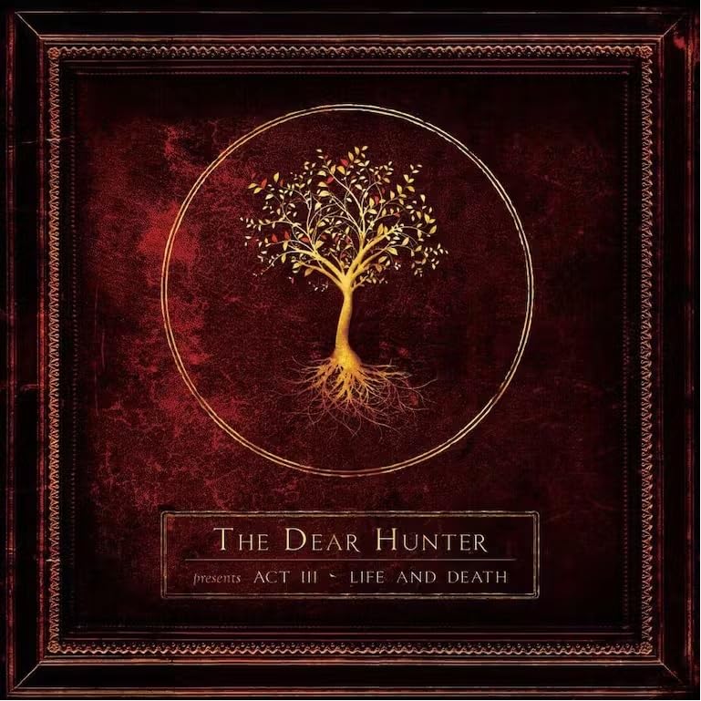 Red album cover with a tree inside a circular frame.