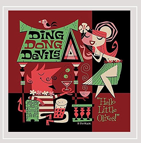 Retro-style CD cover featuring cartoon devils, a pink woman, and olives.