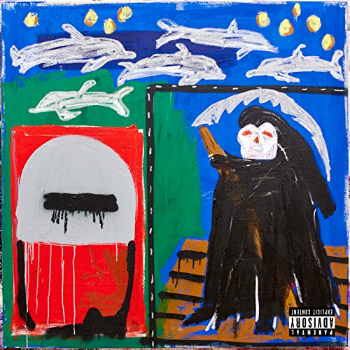 Album cover: painted figure with dolphins and a red, dripping shape.