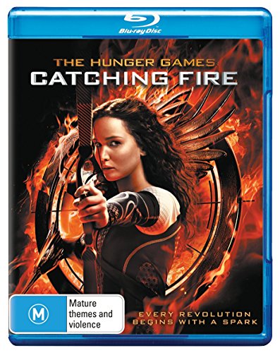 The Hunger Games: Catching Fire" Blu-ray cover featuring Jennifer Lawrence with a bow.