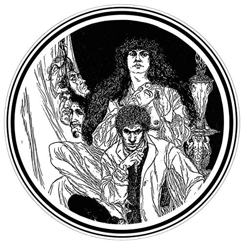 Black and white sketch of three figures within a circular frame.