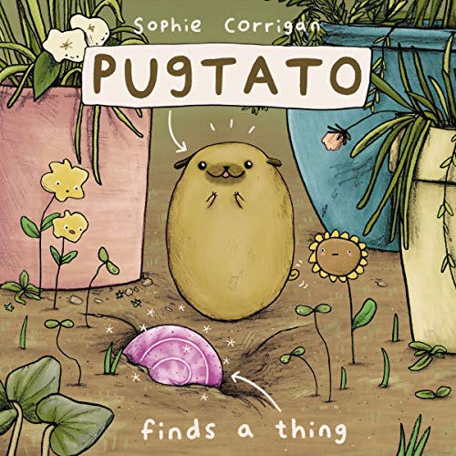 Brown, potato-shaped pug with a snail and flowers in a garden.