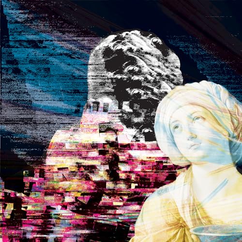 Collage of distorted faces and classical painting fragments in vibrant colors.