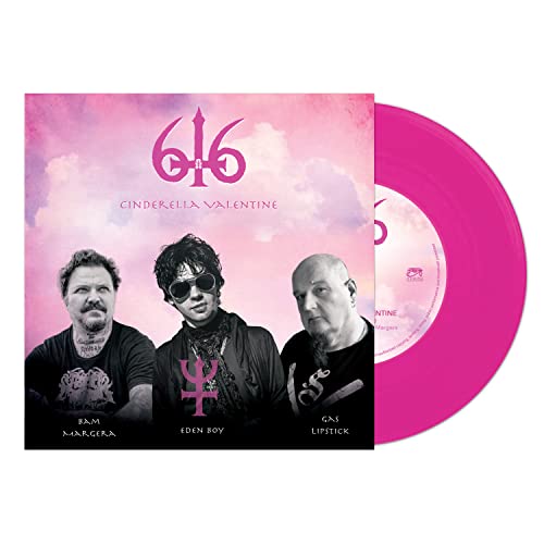 Magenta vinyl record with album cover featuring three musicians.