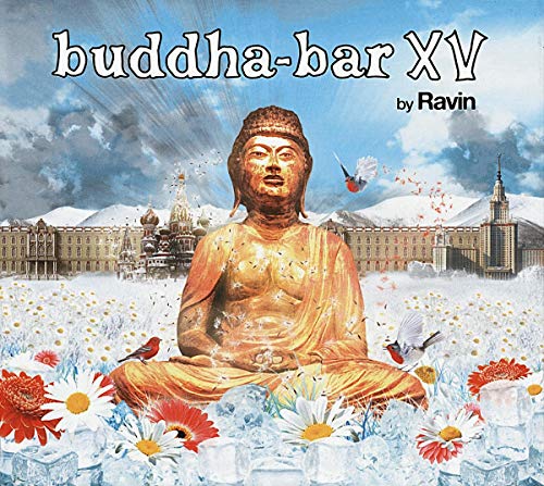 Buddha Bar XV CD cover: Buddha statue with snowy landscape and birds.
