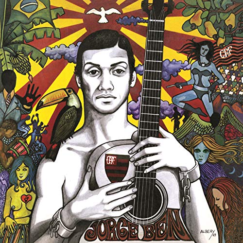 Album cover for Jorge Ben featuring a man with a guitar and colorful art.