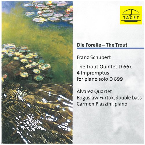 CD cover with a painting of lily pads and text listing Schubert’s music.