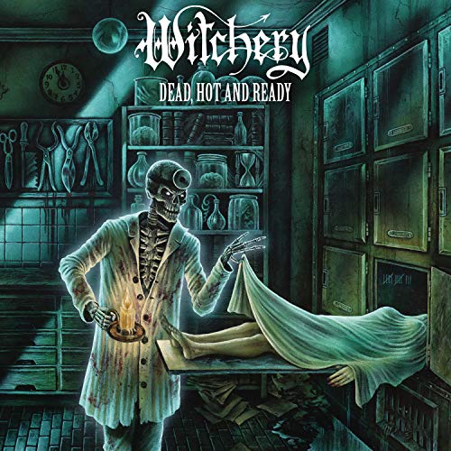 Album cover: skeletal doctor in a morgue, holding a burning dish.