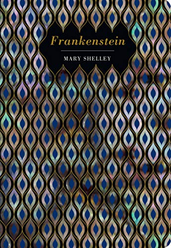 Book cover for Frankenstein by Mary Shelley with a black and gold geometric pattern.