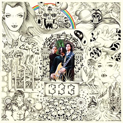 Black and white album cover featuring a band and surreal, detailed drawings.