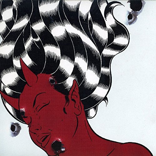 Red devil face with striped hair and bullet hole effects.