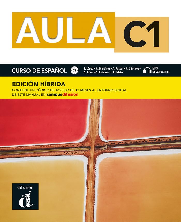 Spanish textbook "Aula C1" with a colorful geometric design and MP3 audio.