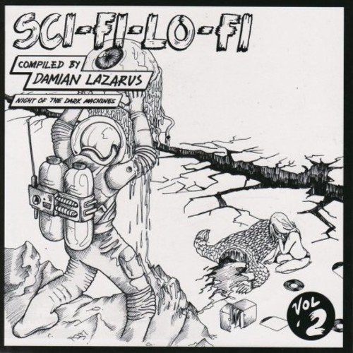 Black and white illustration of an astronaut and a dinosaur in ruins.