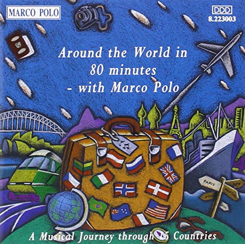 CD cover: colorful travel imagery with a suitcase and world landmarks.
