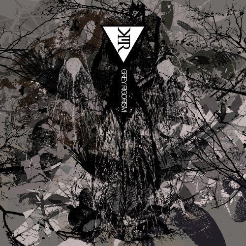 Dark, abstract album cover with a central triangular logo and tree branches.