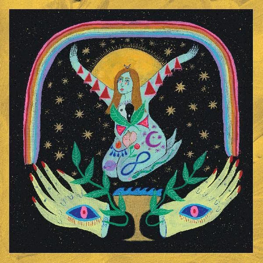 CD cover art: woman with raised arms under a rainbow and stars.