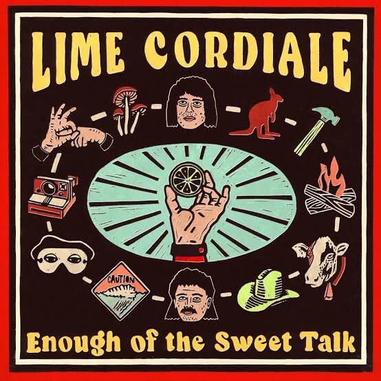 Album cover with illustrations of faces, a hand holding a lime, and various icons.