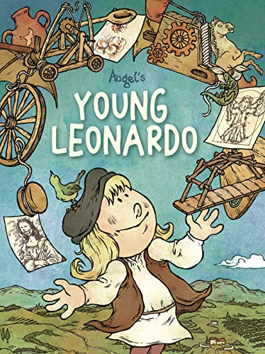 Book cover: young boy with inventions, sketches, and a landscape background.