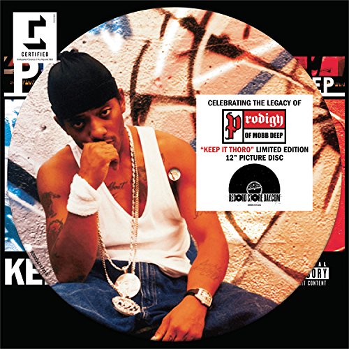 Vinyl record featuring a portrait of rapper Prodigy, with text overlays.