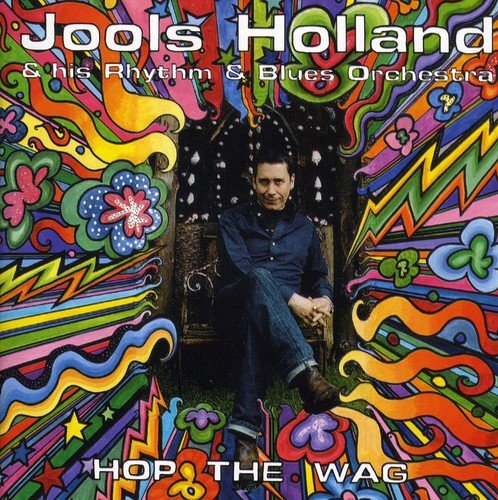 Jools Holland album cover, psychedelic art, man sitting in ornate chair.