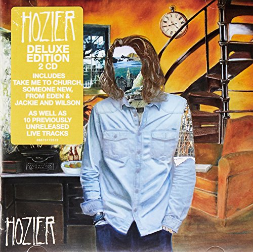 Hozier album cover: man in denim shirt, painted background, yellow deluxe sticker.
