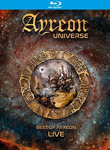 Blu-ray cover for Ayreon Universe featuring a space background and a golden circular emblem.