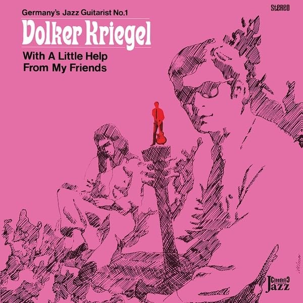 Pink album cover with sketched portrait and small red figure holding guitar.