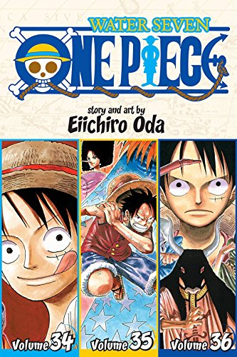 Colorful manga-style illustrations, large book with multiple comics, One Piece characters on cover.
