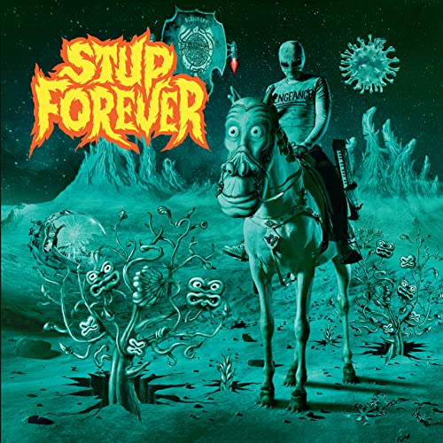 CD cover: alien riding a horse in a surreal, green landscape.