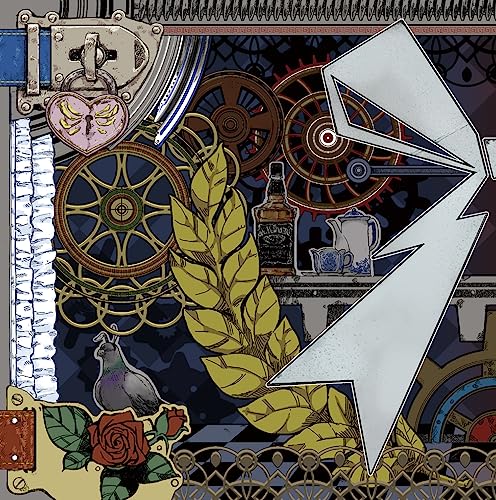 Band-maid album cover: steampunk gears, lightning bolt, peacock, and roses.