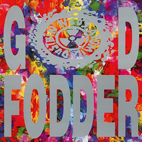 Album cover with large grey text God Fodder over a colorful abstract paint background.