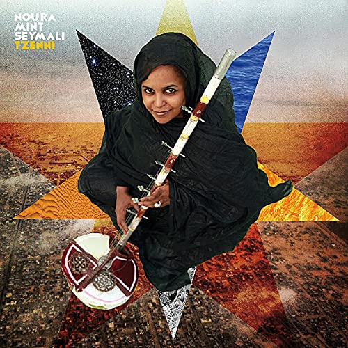 Noura Mint Seymali holds a stringed instrument against a desert backdrop.