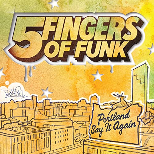 Album cover art featuring the text 5 Fingers of Funk over a Portland cityscape.