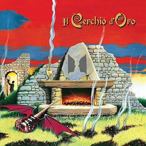 CD cover with a painted stone hearth, flames, and a guitar.