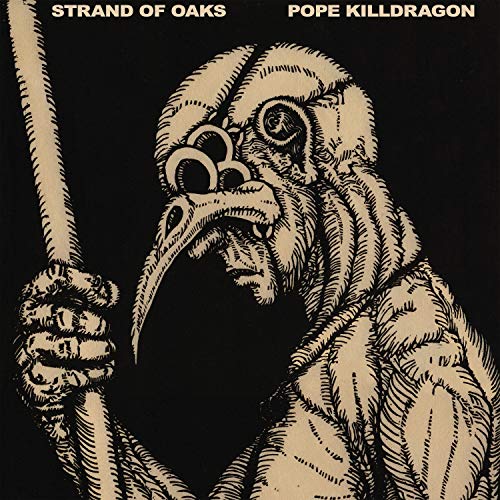 Cream-colored line art of a bird-like humanoid holding a staff against black background.