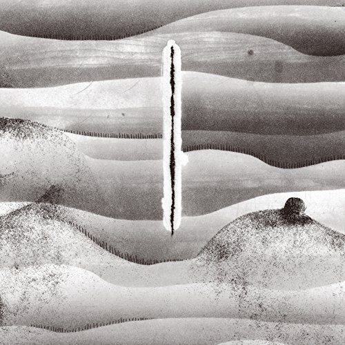 Black and white abstract landscape with a central vertical line.
