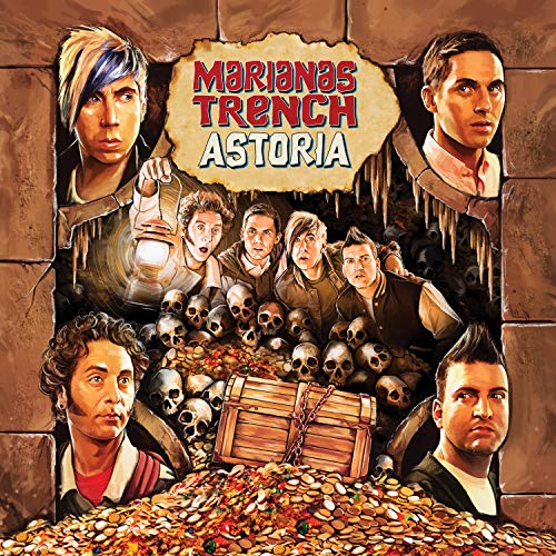 Marianas Trench "Astoria" CD cover: band portrait in a treasure-filled cave.