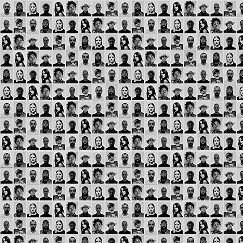 Black and white grid of many diverse faces, looking directly at viewer.