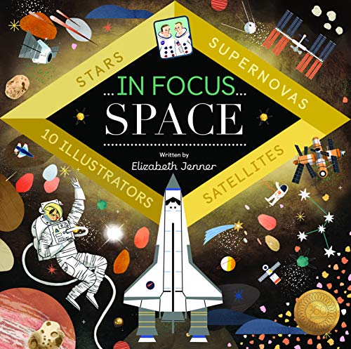 Book cover: "In Focus Space" with illustrations of rockets, planets, and astronauts.